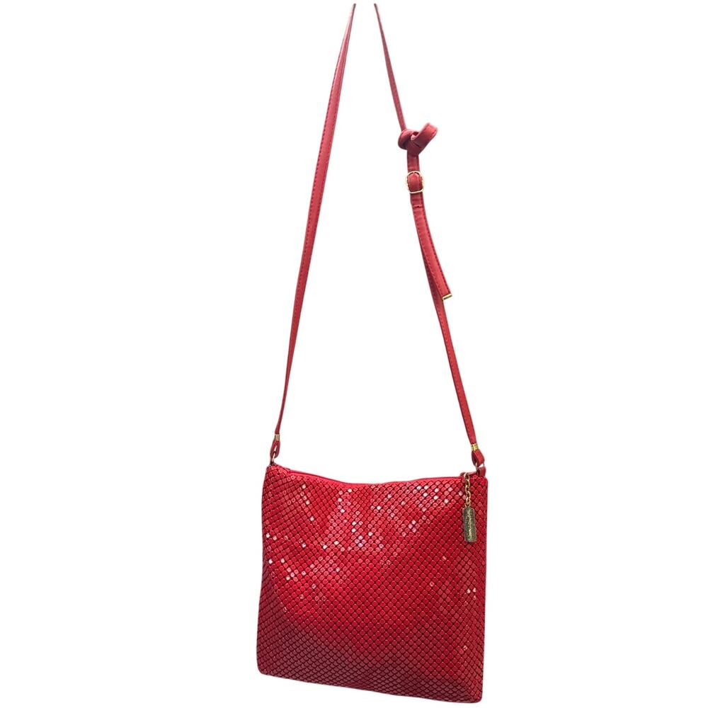 Whiting & Davis Vintage Red Metal Mesh Leather Evening Shoulder Bag Purse